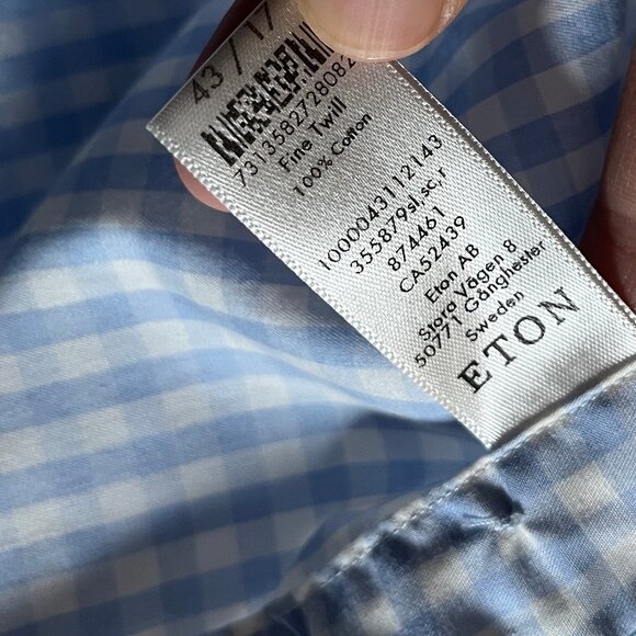 Eton Fine Twill Cotton Slim Check Button Up Shirt - Men's Size 43/17 - Blue - Picture 6 of 9